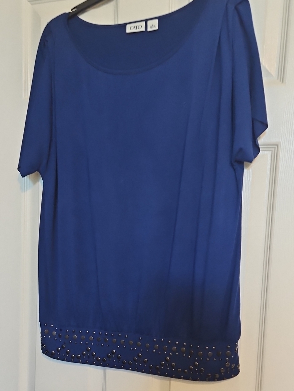 Cato Royal Blue Short Sleeve Scoop Neck Top with Hem Stud Accents